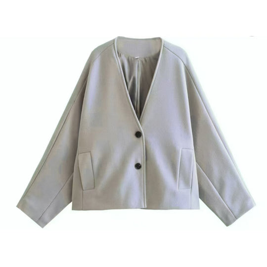 Damen nan oversized V-Neck Kurzjacke aus Wollmix mit Raglanärmeln und aufgesetzten Taschen EB