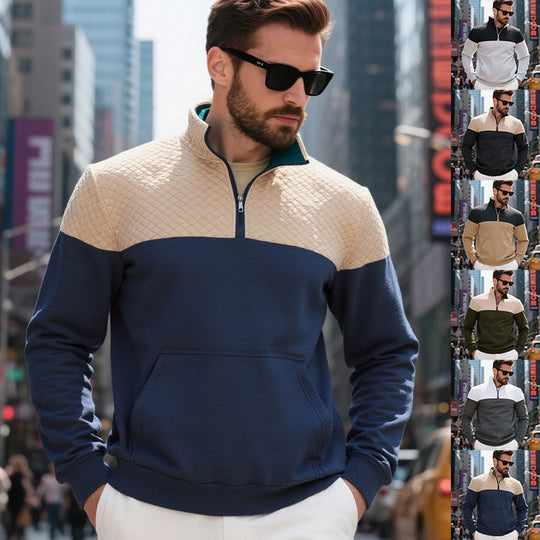 Herren nan gesteppter Halbzip Sweater mit Kängurutasche und Stehkragen EB