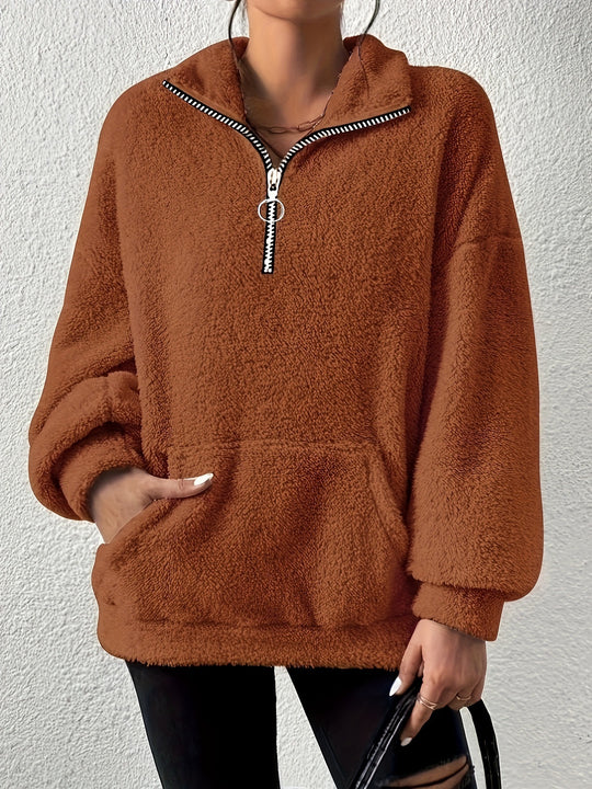 Damen kuscheliger Fleece-Pullover mit halbem Reißverschluss und Seitentaschen EB