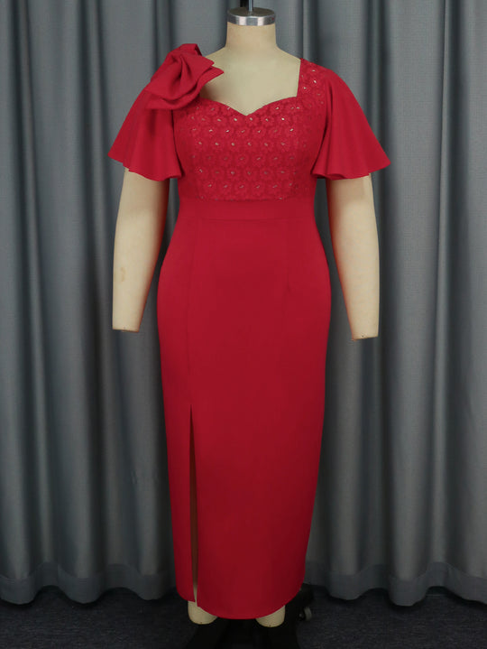 Damen Elegantes Abendkleid mit floralem Spitzenoberteil und voluminösen Rüschensäumen EB