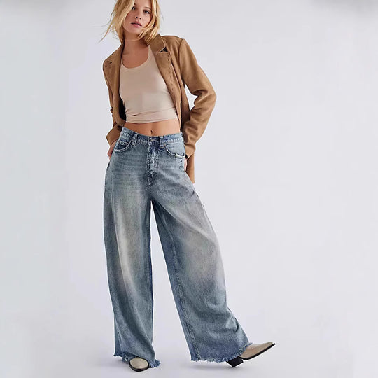 Damen nan extraweite High‑Waist Palazzo-Jeans aus Denim mit rohem Saum und Vintage-Waschung EB