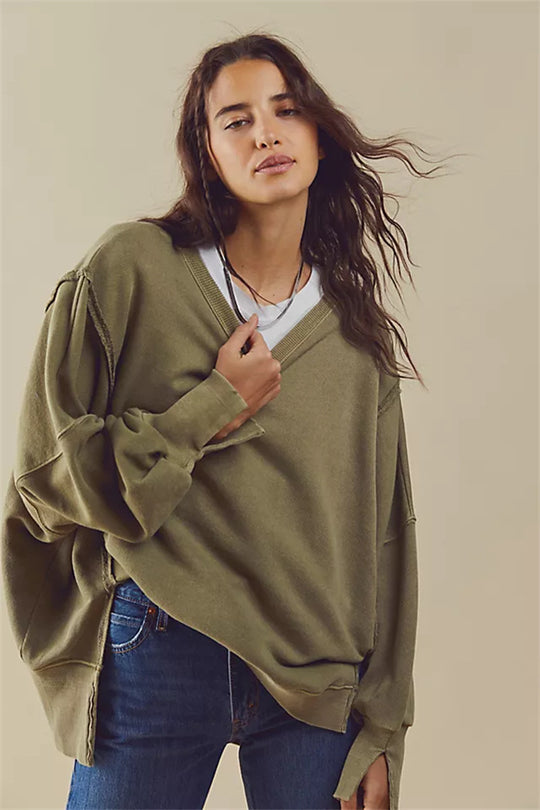 Damen oversized Sweatshirt mit Ballonärmeln, offenen Saumnähten und seitlichen Schlitzen Eichborn Berlin