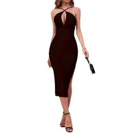 Damen Midi-Kleid mit tiefem V-Ausschnitt undseitlichem Schlitz EB