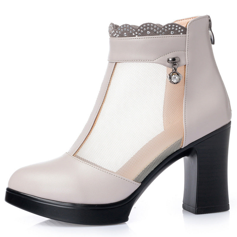 Damen Modische Peep-Toe Stiefeletten mit eleganter Mesh-Ansicht und hohem Blockabsatz EB