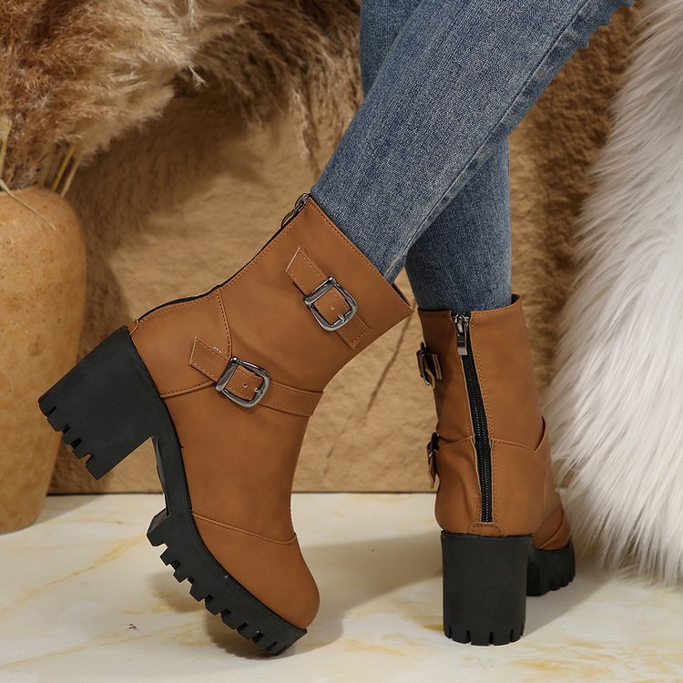 Damen nan klobige Biker-Ankleboots mit Profilsohle, dekorativen Doppelschnallen und seitlichem Reißverschluss EB