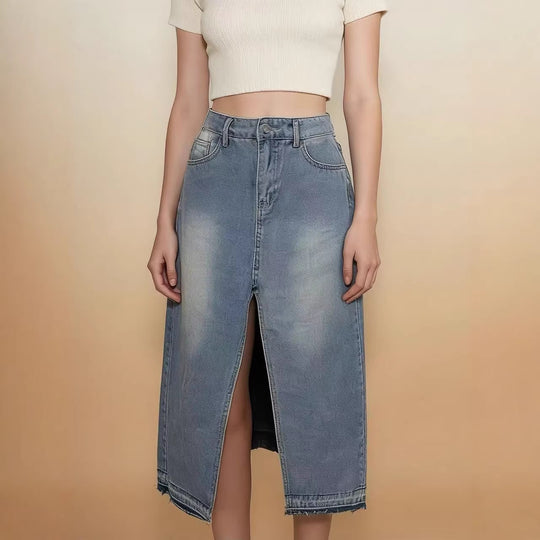 Damen Midi-Denim-Rock mit hohem Schlitz und fransigem Saum EB