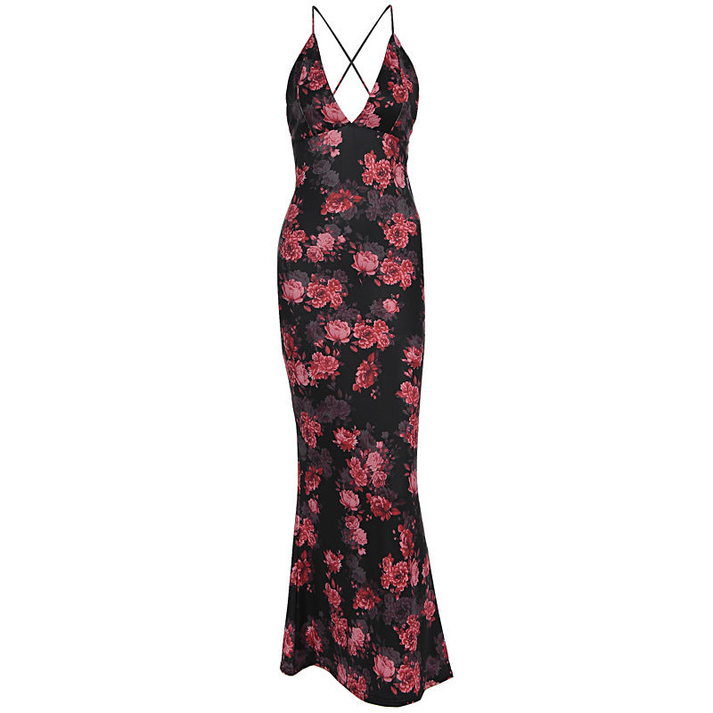 Damen Elegantes Maxikleid mit tiefem V-Ausschnitt und Spaghettiträgern EB