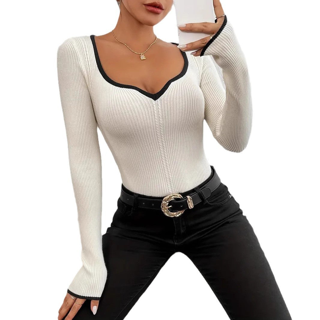 Damen Langarm Body mit V-Ausschnitt und feinen Rippdetails EB