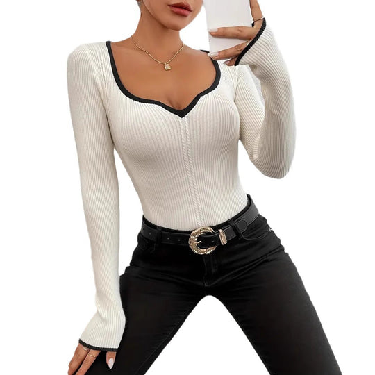 Damen Langarm Body mit V-Ausschnitt und feinen Rippdetails EB