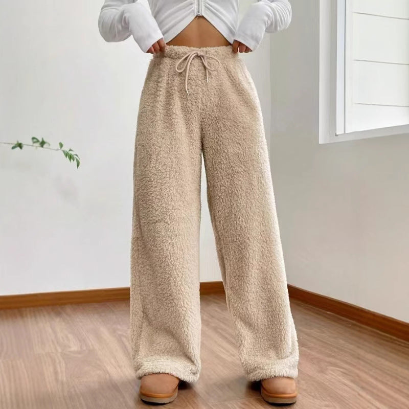 Damen nan hochtaillierte Teddyfleece-Loungehose mit weitem Bein, Kordelzug und seitlichen Eingrifftaschen EB
