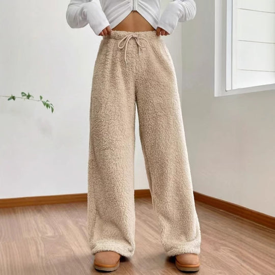 Damen nan hochtaillierte Teddyfleece-Loungehose mit weitem Bein, Kordelzug und seitlichen Eingrifftaschen EB