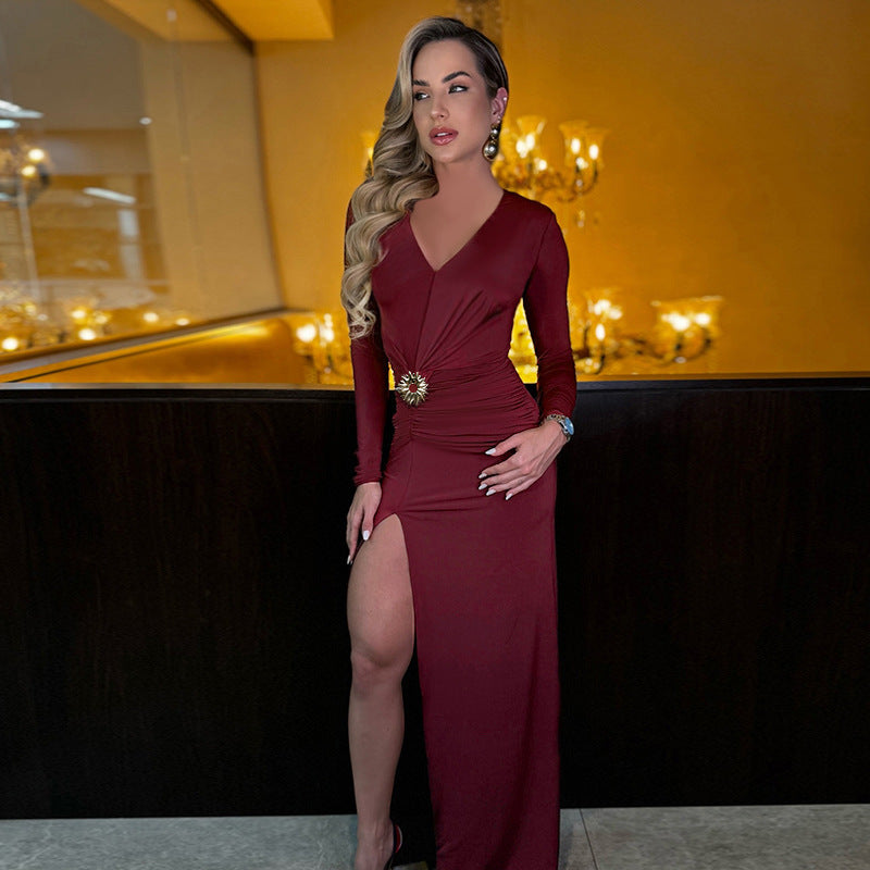 Damen elegantes langärmliges Abendkleid mit Raffung und hohem Schlitz EB