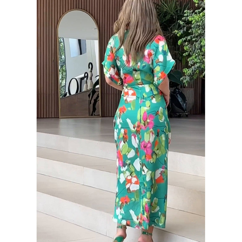 Damen luftiger Kaftan mit floralem Design und dekorativem Knoten EB
