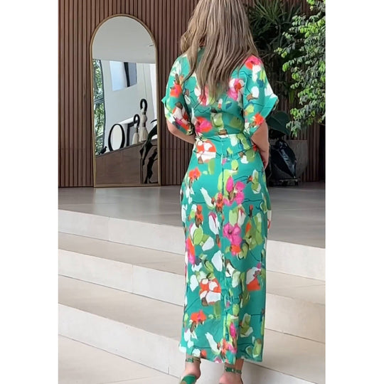Damen luftiger Kaftan mit floralem Design und dekorativem Knoten EB
