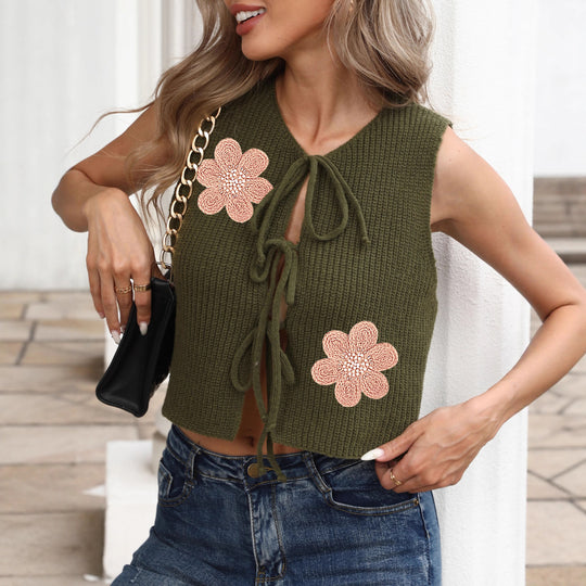 Damen luftiges Stricktop mit Blumenapplikationen EB