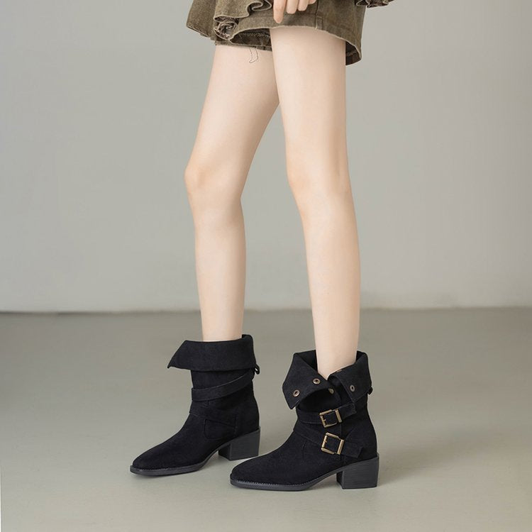 Damen Modische Stiefel mit auffälligem Schnallen-Design und bequemem Blockabsatz EB