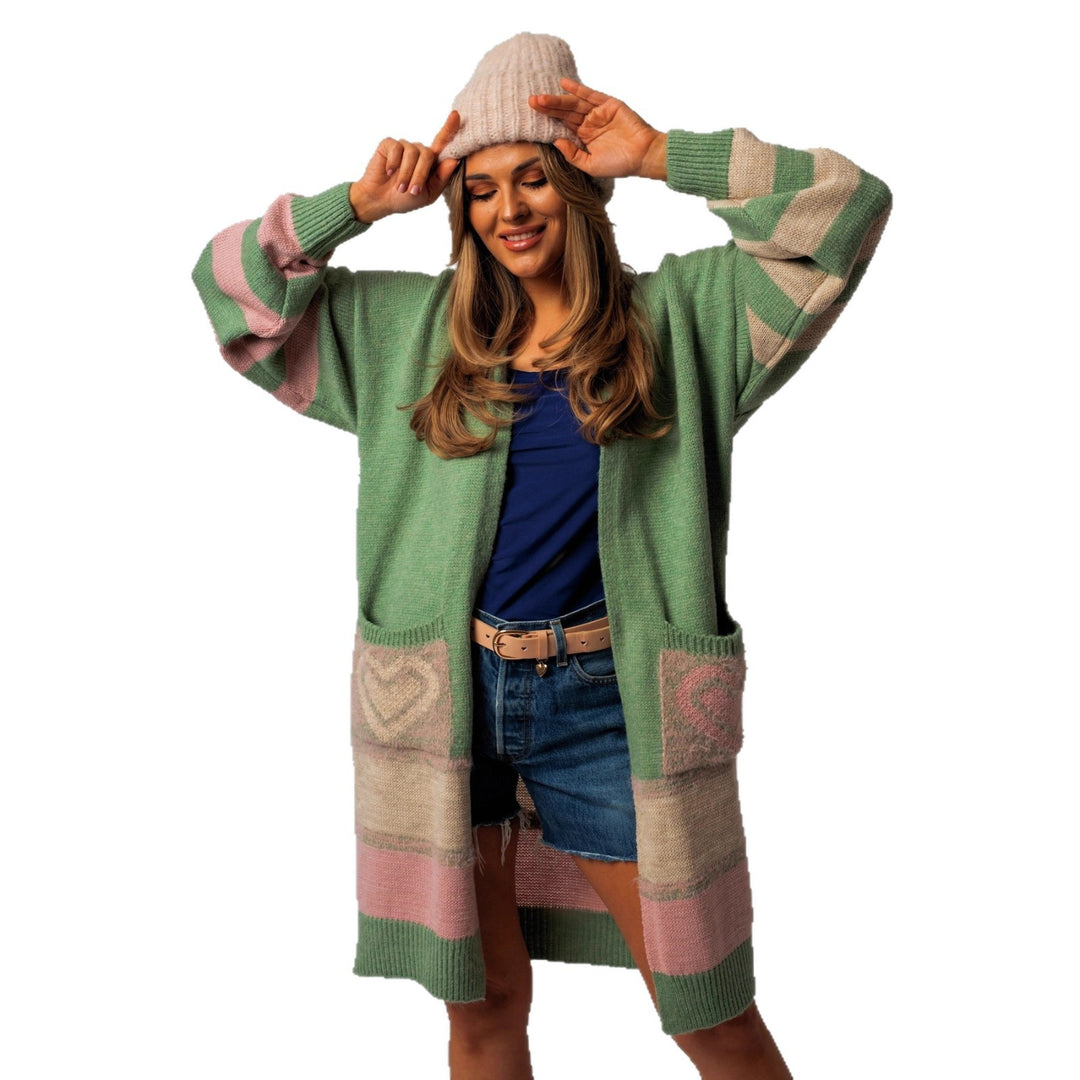 Damen Langärmliger Strickcardigan mit herzförmigen Taschen und modernem Farbblocking EB