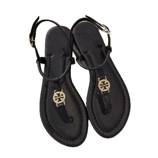 Damen elegante flache Riemchen-Sandalen mit Zehensteg und goldener Zierapplikation EB
