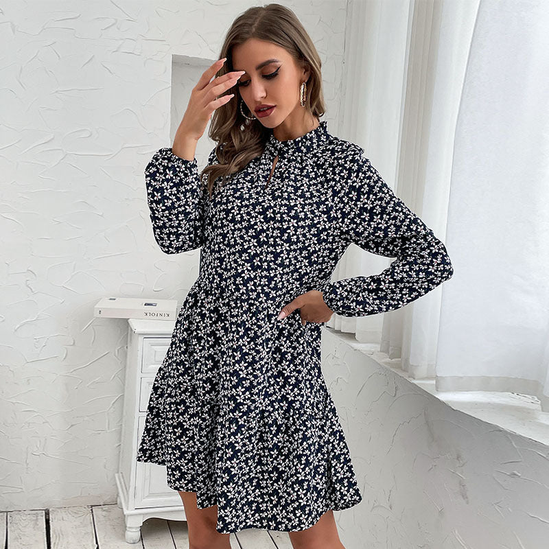 Damen Blümchen-Midikleid mit schickem Standkragen und asymmetrischem Schnitt EB