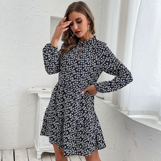 Damen Blümchen-Midikleid mit schickem Standkragen und asymmetrischem Schnitt EB