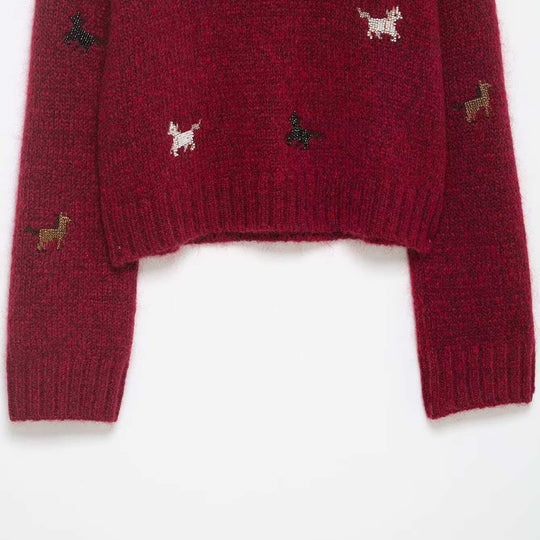 Damen nan kurzgeschnittener Grobstrick-Pullover mit Hundemotiv, Rundhalsausschnitt und elastischem Rippbund EB