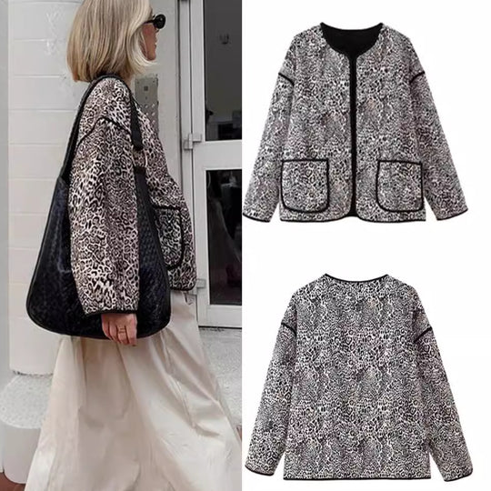 Damen gesteppte Jacke mit modernem Leopardenmuster und praktischen Taschen EB
