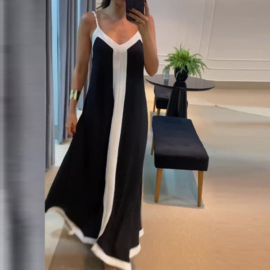 Damen Maxikleid mit tiefem Rückenausschnitt und elegantem Kontrastbund EB