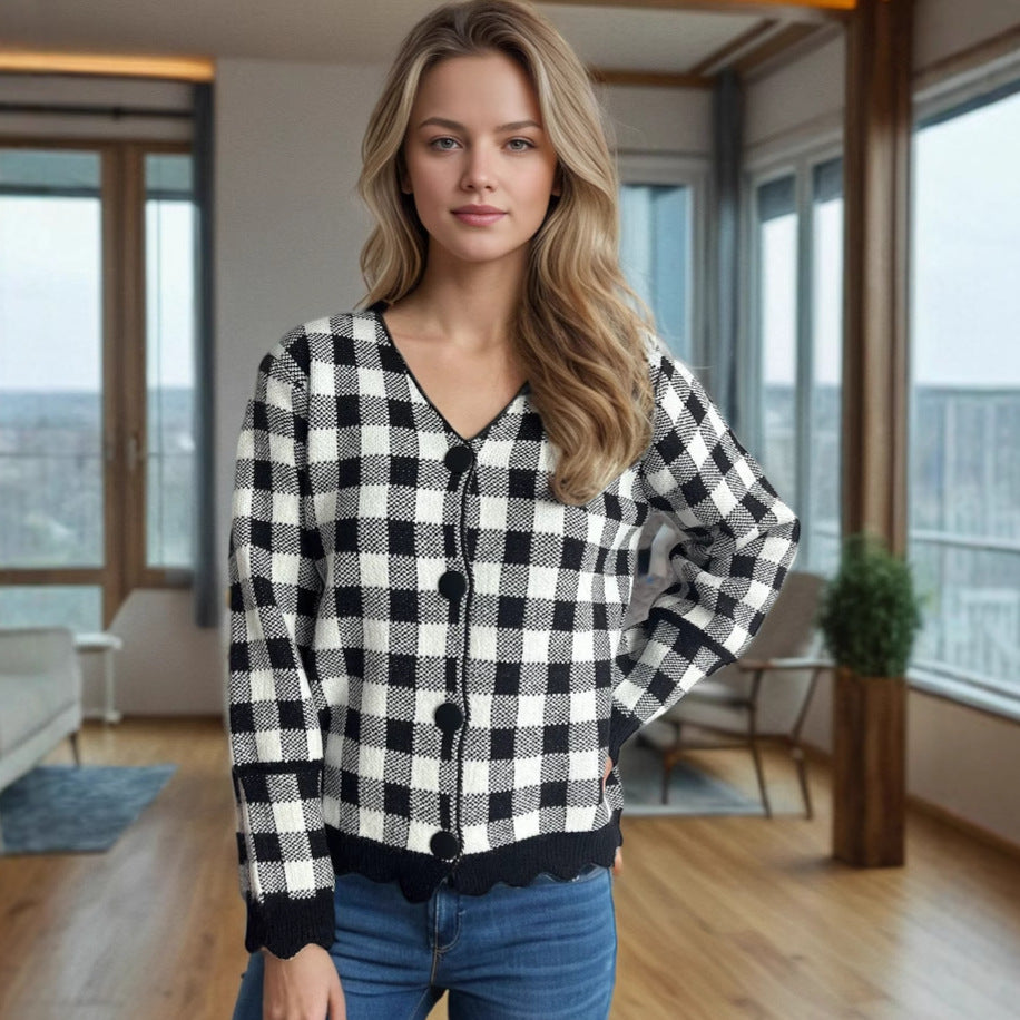 Damen lässige Strickjacke mit kräftigem Karomuster und modischen Knopfdetails EB