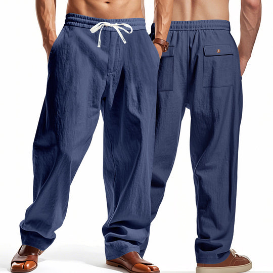 Herren nan lässige Leinen-Freizeithose mit elastischem Bund Kordelzug und aufgesetzten Gesäßtaschen EB