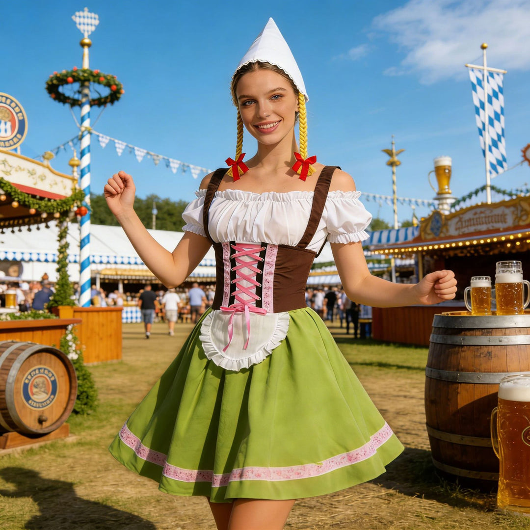 Damen nan traditionelles Dirndl-Kostüm mit Schnürung, Schürze und spitzem Kopftuch EB