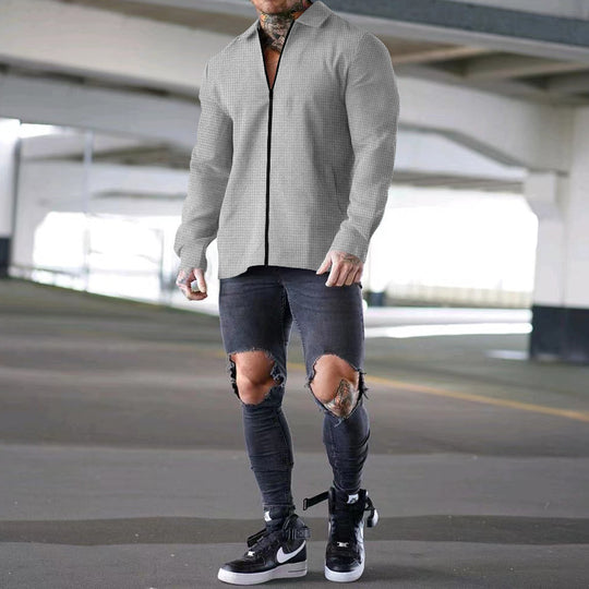 Herren nan strukturierte Zip-Hemdjacke aus Waffelstrick mit Kentkragen und schmaler Silhouette EB