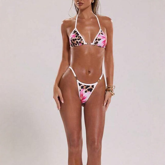 Damen Triangel-Bikini mit fröhlichem Blumendruck und tierischem Muster EB