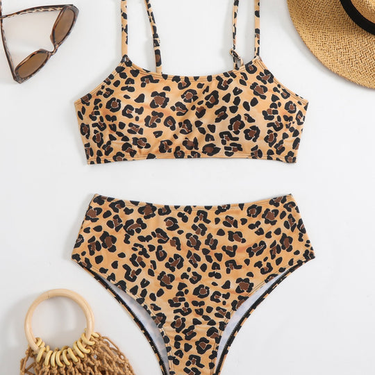 Damen Bikini-Set mit trendigem Leopardenmuster und hohem Taillenbund EB