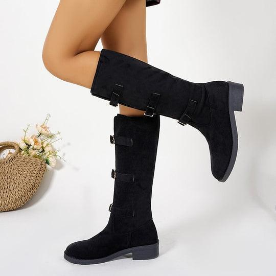 Damen Overkneestiefel mit modischen Schnallen und robustem Profilsohle EB