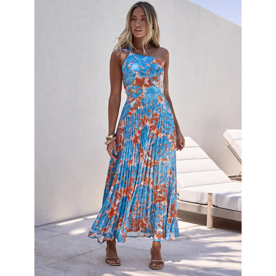 Damen Maxikleid mit schwingendem Faltenrock und femininem Floral-Design EB