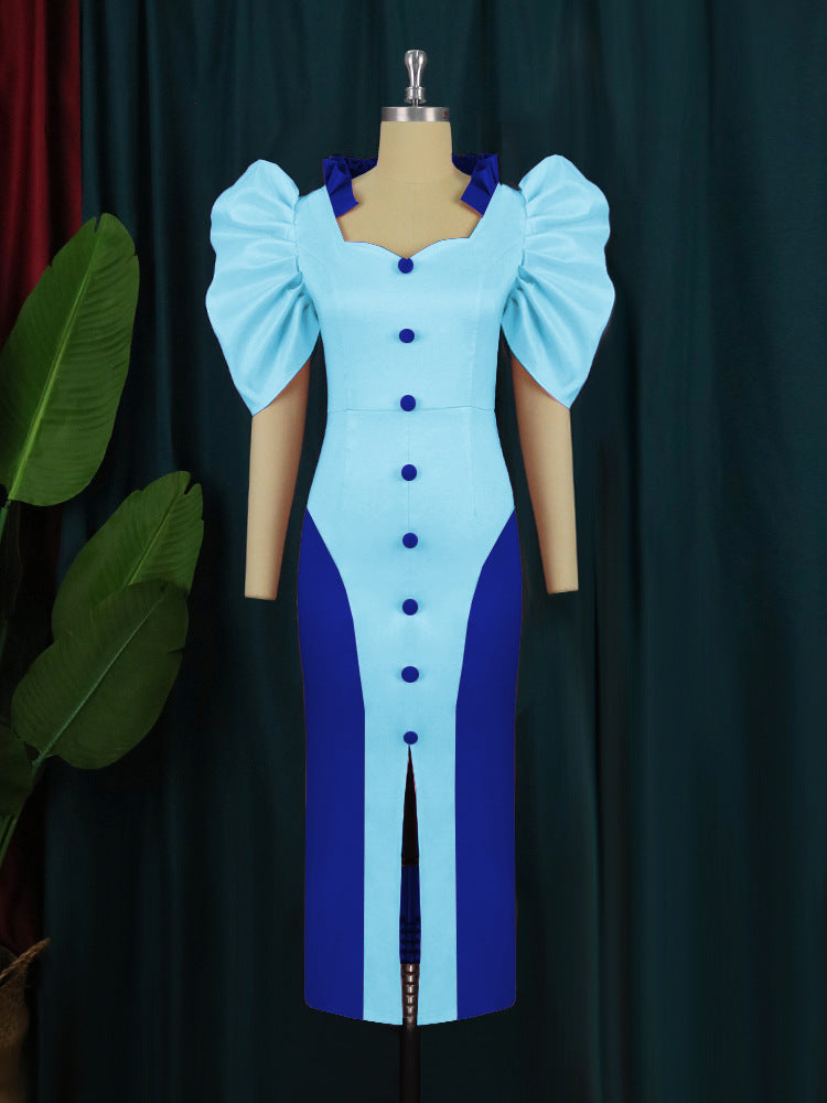 Damen Cocktailkleid mit voluminösen Puffärmeln und elegantem Schlitz EB