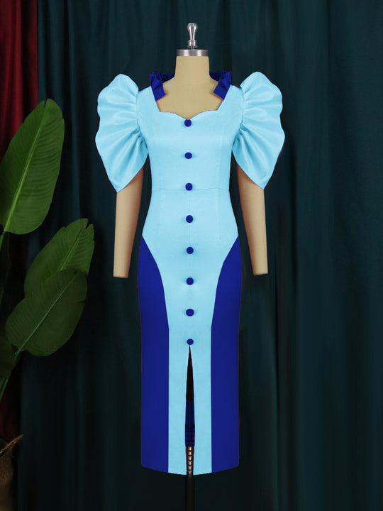 Damen Cocktailkleid mit voluminösen Puffärmeln und elegantem Schlitz EB