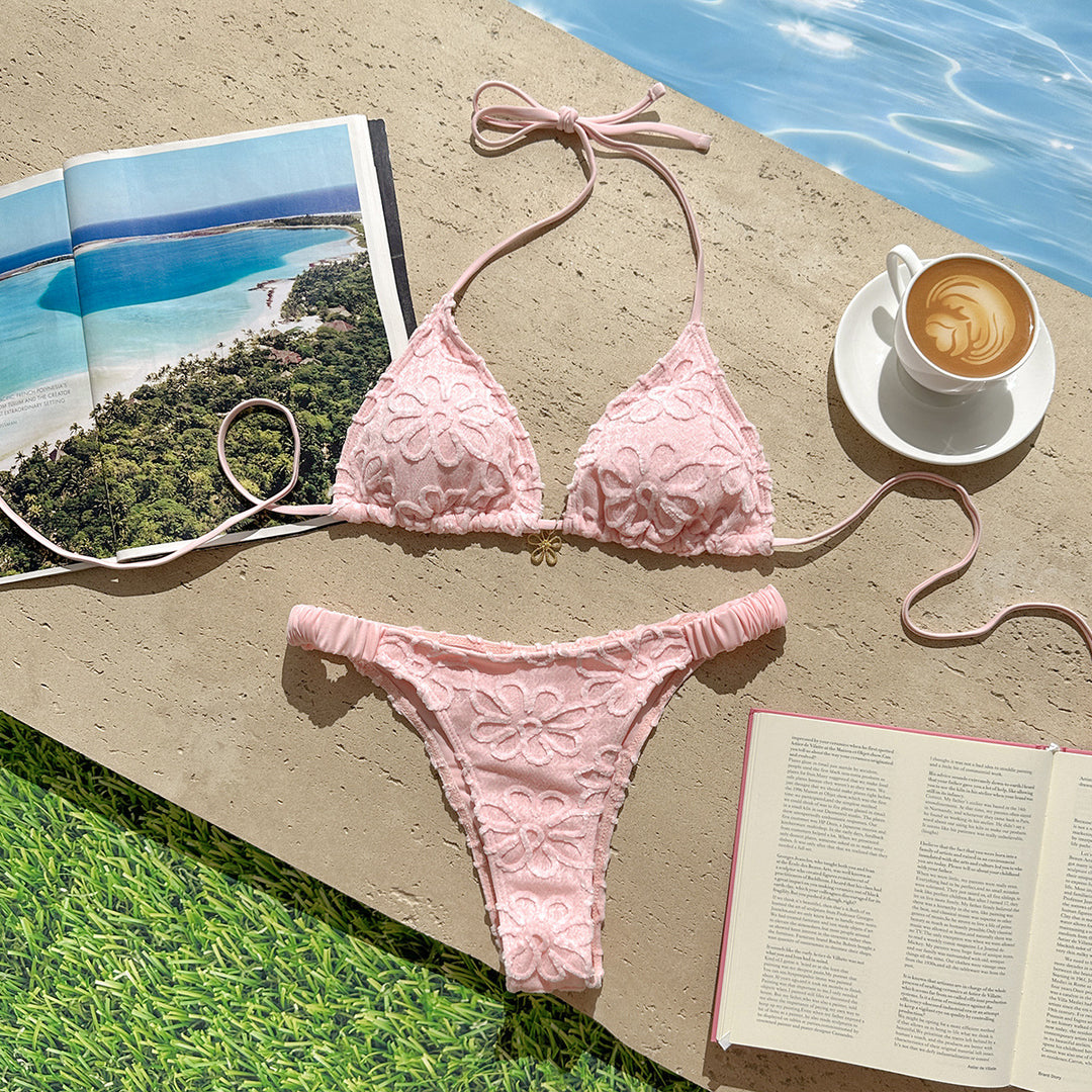 Damen Triangel-Bikini-Set mit floralem Stickdesign und verstellbaren Trägern EB