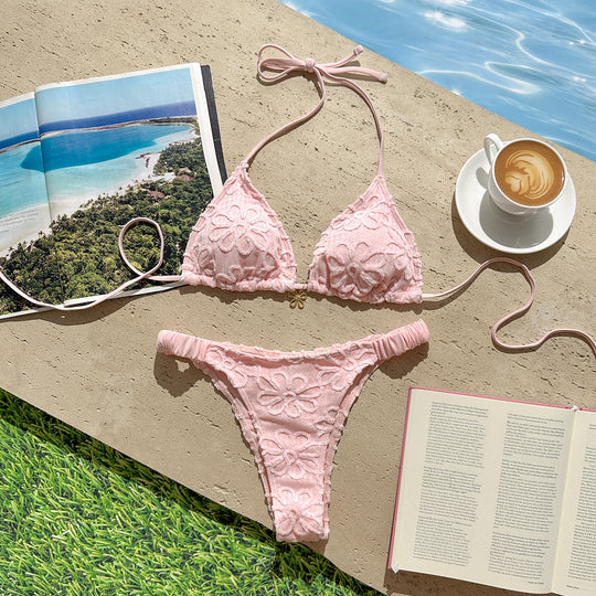 Damen Triangel-Bikini-Set mit floralem Stickdesign und verstellbaren Trägern EB