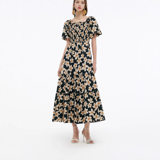 Damen Maxikleid mit voluminösem Rock und Blumenmuster EB