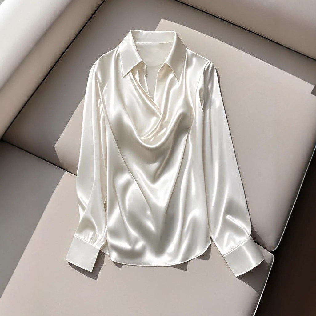 Damen Seidene Bluse mit schickem Wasserfall-Ausschnitt und lange Ärmel EB