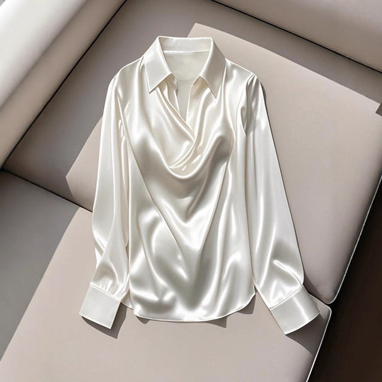 Damen Seidene Bluse mit schickem Wasserfall-Ausschnitt und lange Ärmel EB