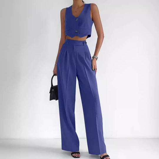 Damen Modisches Zweiteiler-Set aus ärmellosem Cropped Top und weiter Hose EB