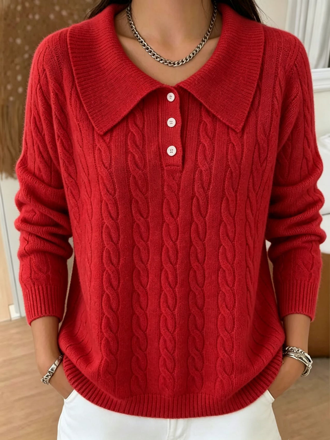 Damen Kabelstrick-Polo-Pullover mit großem Umlegekragen und lockerer Silhouette EB