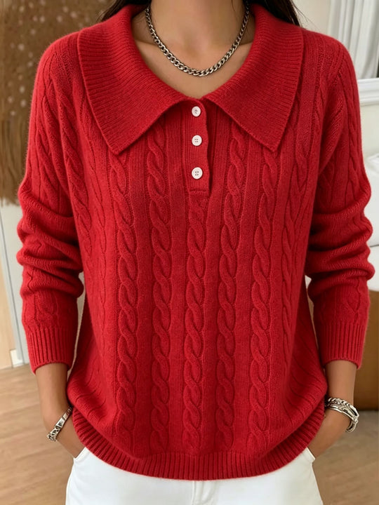 Damen Kabelstrick-Polo-Pullover mit großem Umlegekragen und lockerer Silhouette EB