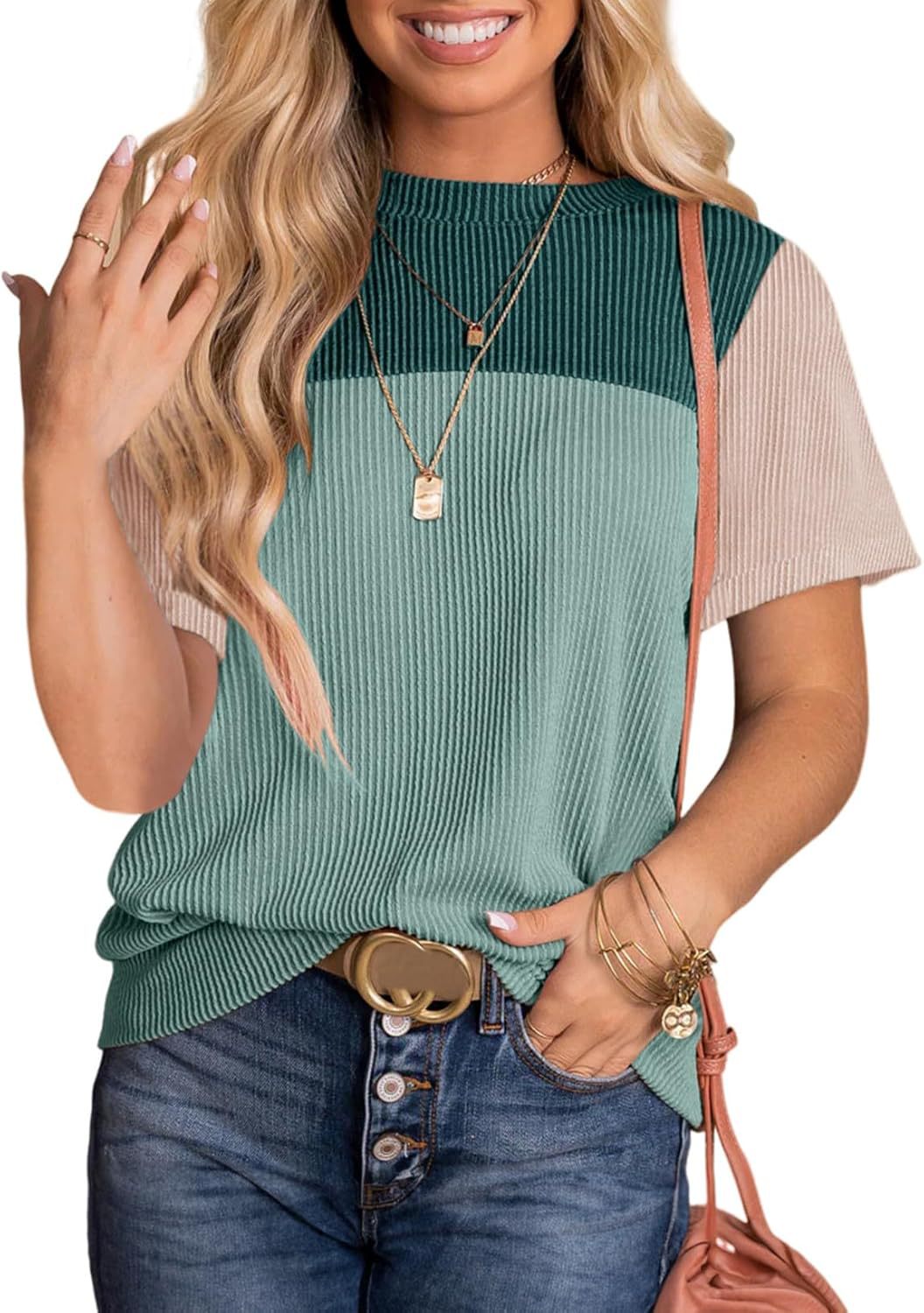 Damen modisches Rippoberteil mit kontrastierenden Farbblockdetails EB