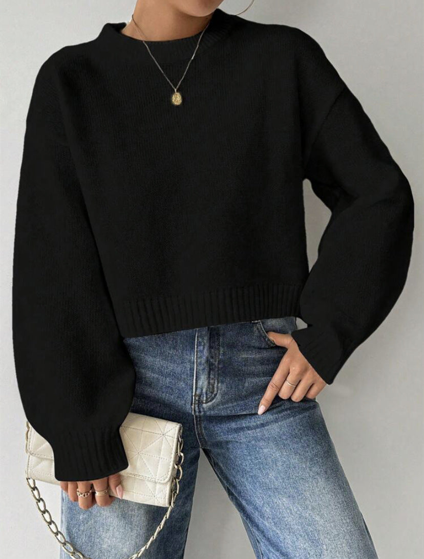 Damen Kurz-Cropped Pullover aus feinem Strick mit Ballonärmeln und geripptem Bund EB