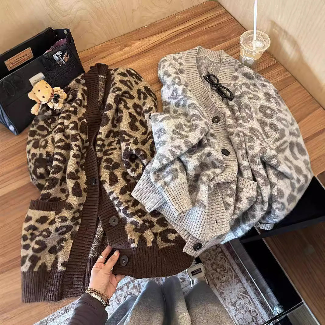 Damen Leichter Strickcardigan mit strukturiertem Leopardenmuster EB