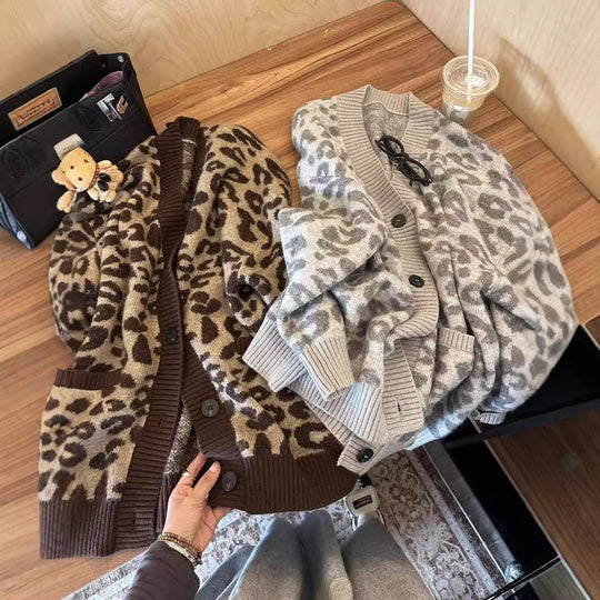 Damen Leichter Strickcardigan mit strukturiertem Leopardenmuster EB