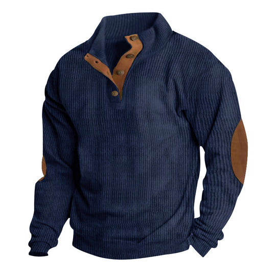 Herren Gerippter Henley-Pullover mit Stehkragen, Knopfleiste & Leder-Ellbogenpatches EB